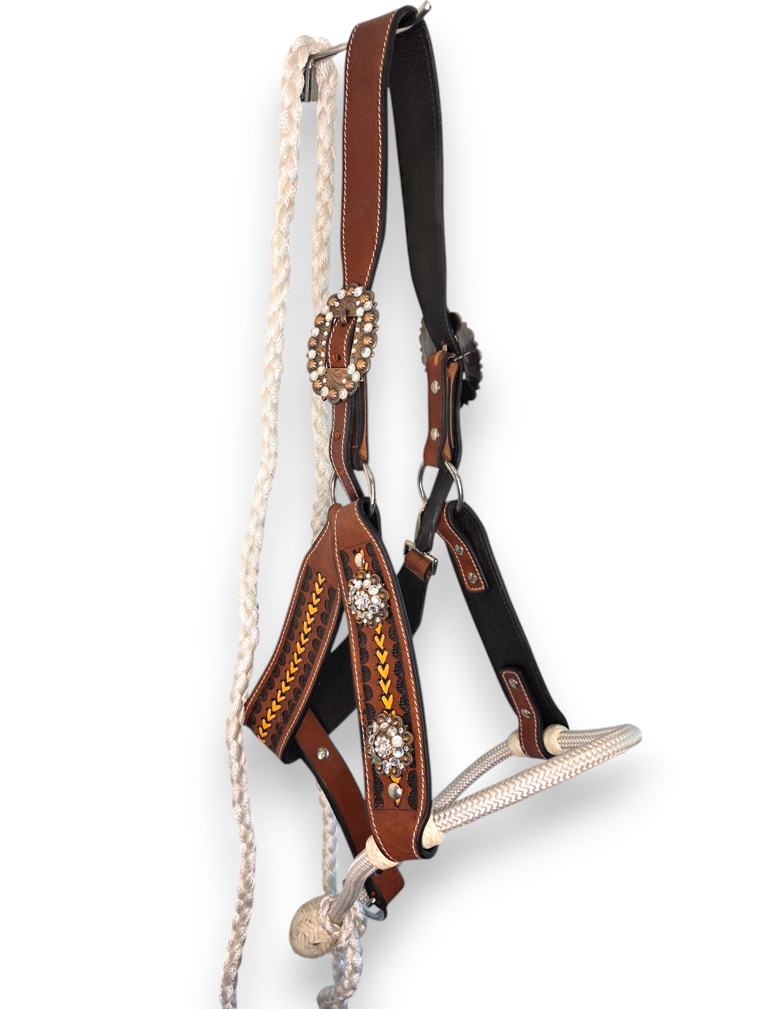 Leather Halter with Rope Nose Band - White