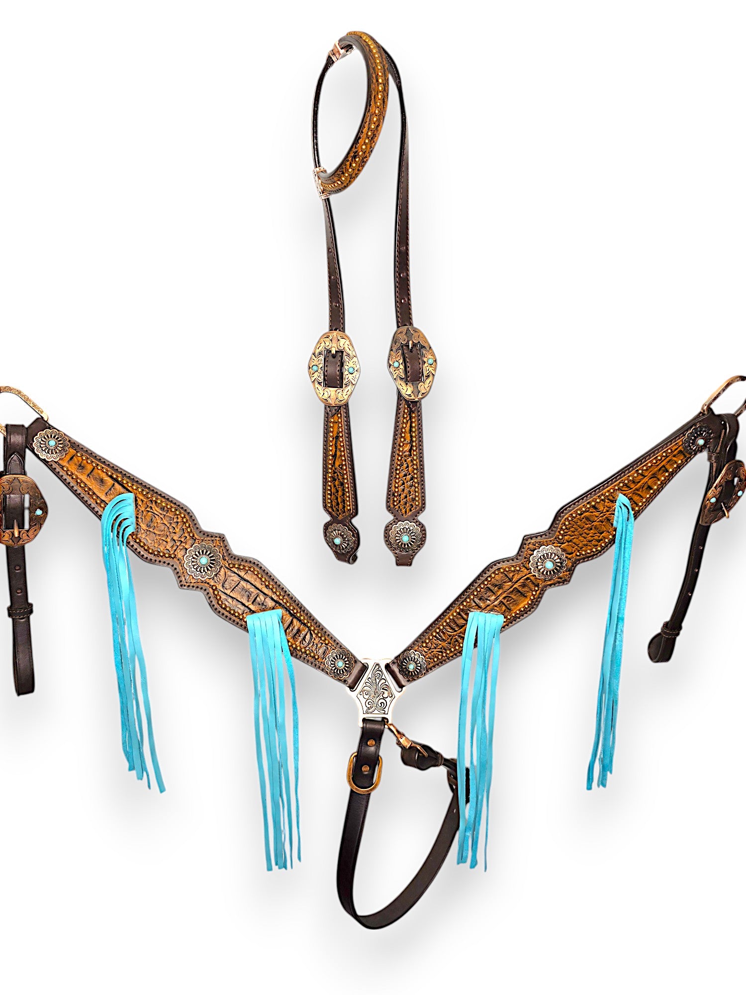 "Turquoise Trails" Fringe Tooled Leather Tack Set