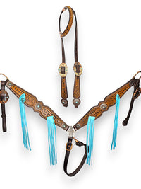 "Turquoise Trails" Fringe Tooled Leather Tack Set
