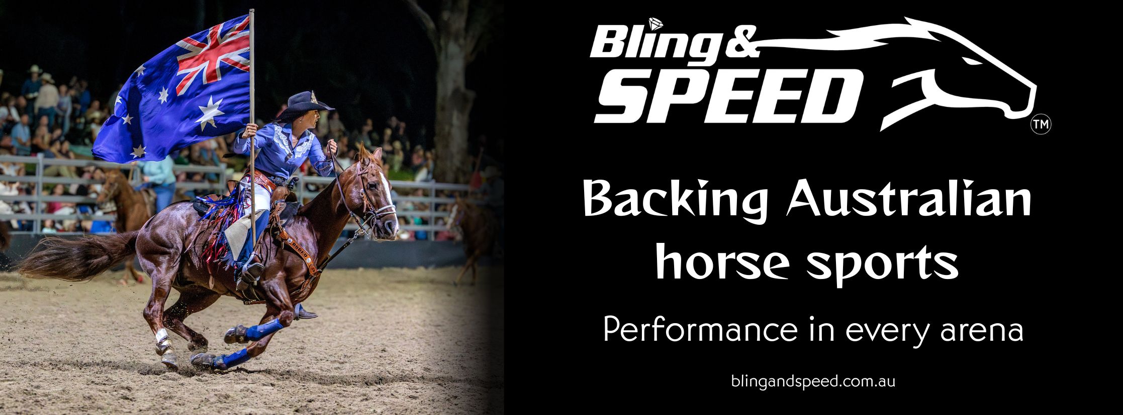 Rodeo rider on a horse with an Australian flag, Bling & Speed logo and text about supporting Australian horse sports.