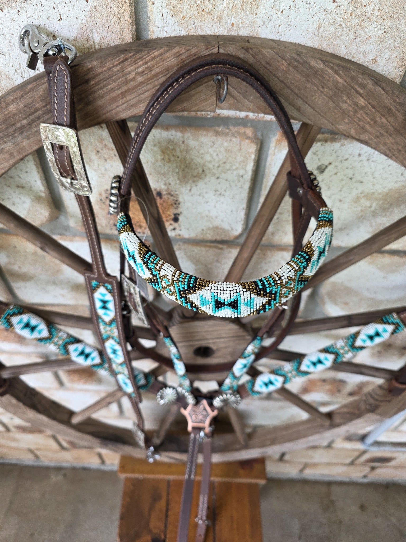 Beaded Aztec Gold Breastcollar, Bridle and Wither strap Set