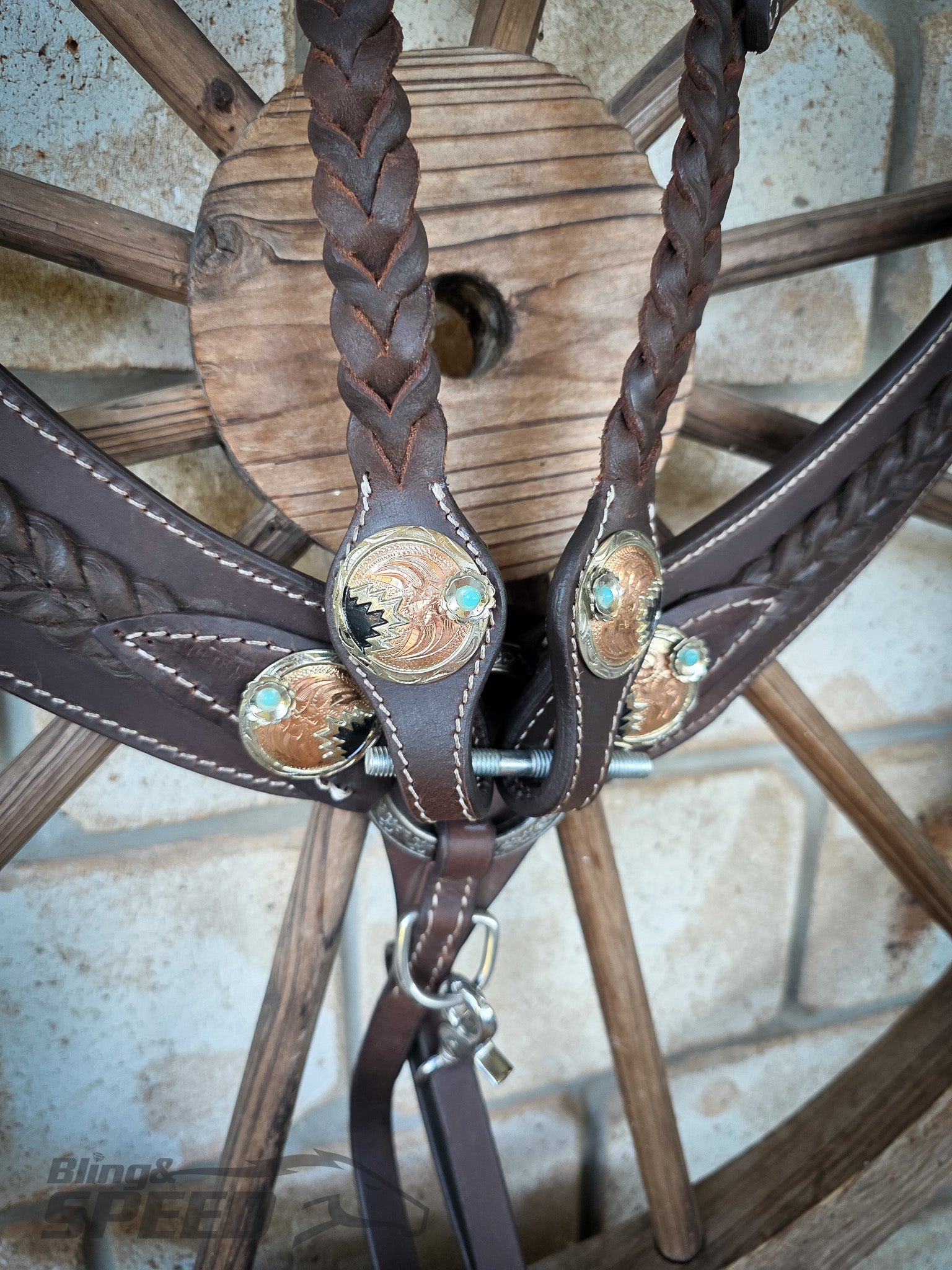Braided Chocolate Leather Western Tack Set – Turquoise Gold Conchos