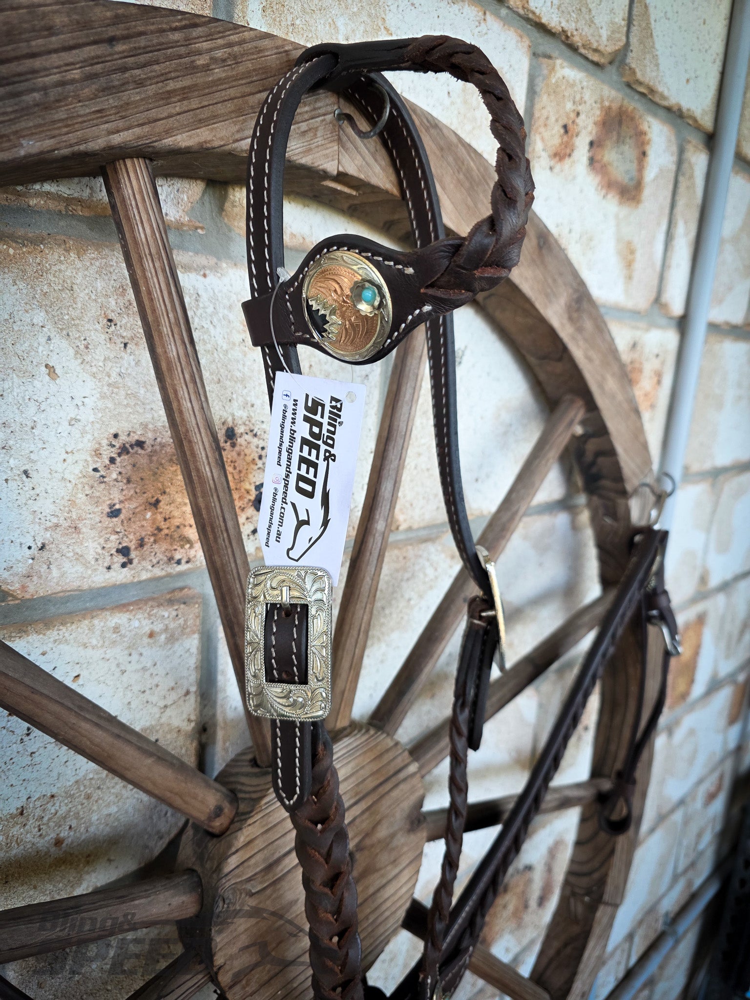 Braided Chocolate Leather Western Tack Set – Turquoise Gold Conchos