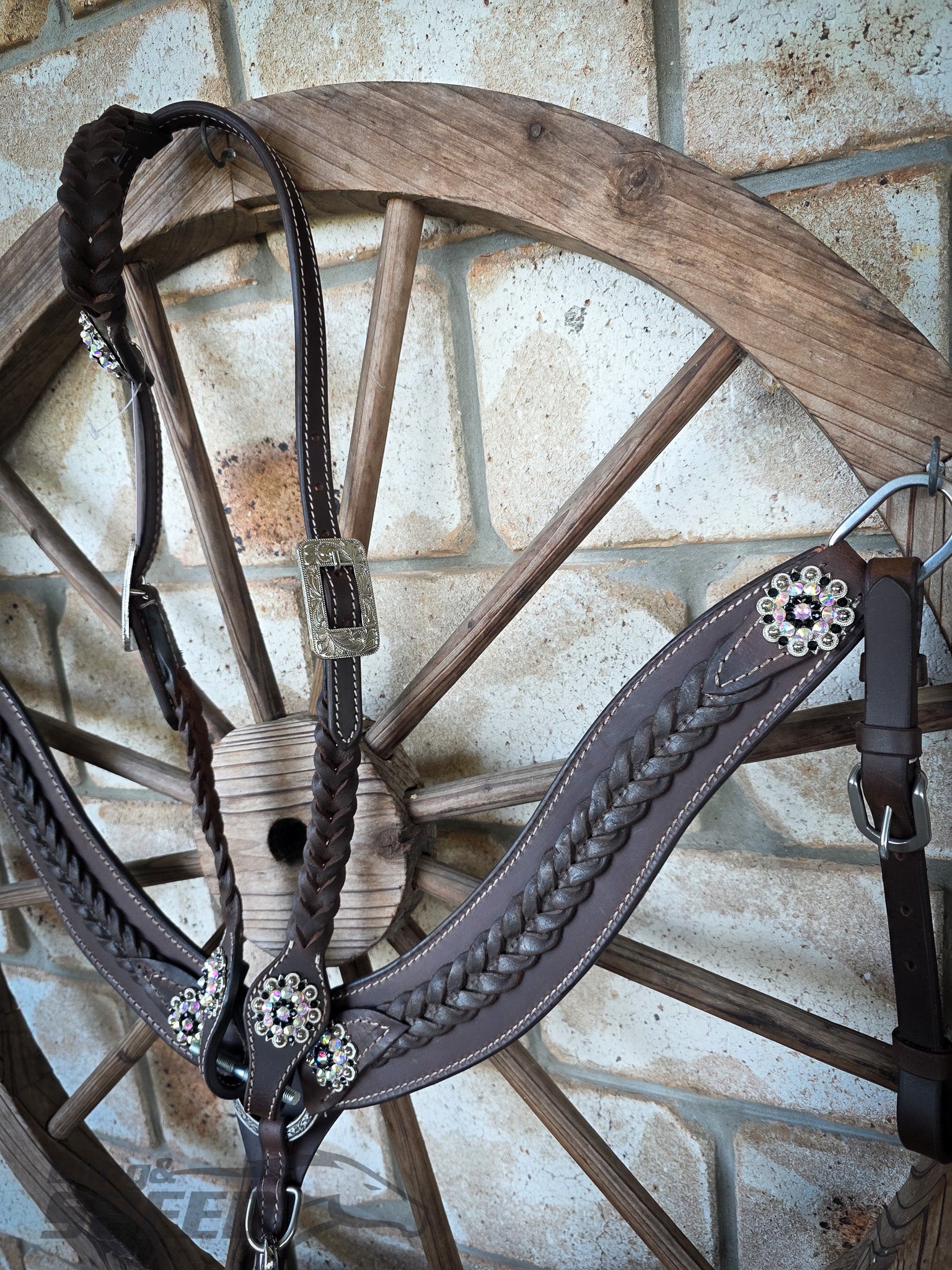 Braided Chocolate Leather Western Tack Set – Crystal Rhinestone Conchos