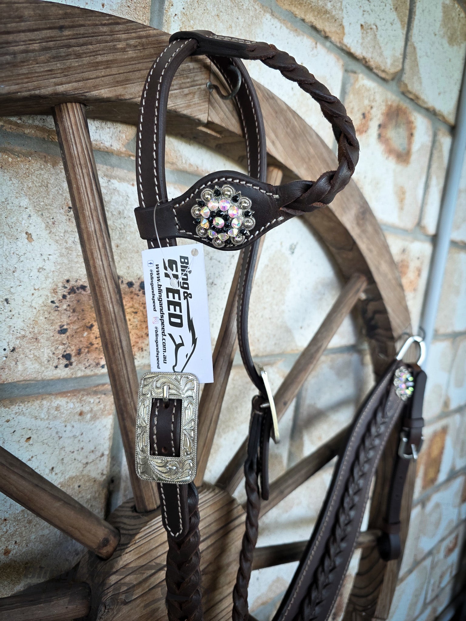 Braided Chocolate Leather Western Tack Set – Crystal Rhinestone Conchos