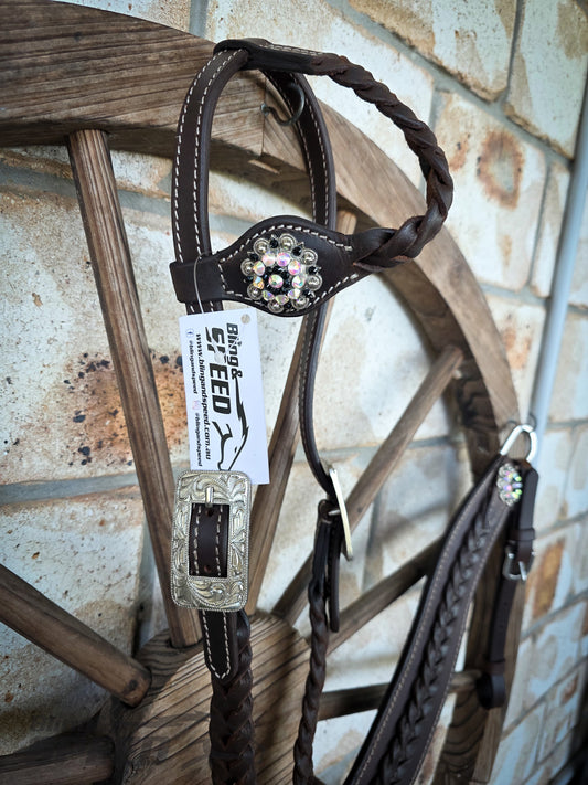 Braided Chocolate Leather Western Tack Set – Crystal Rhinestone Conchos