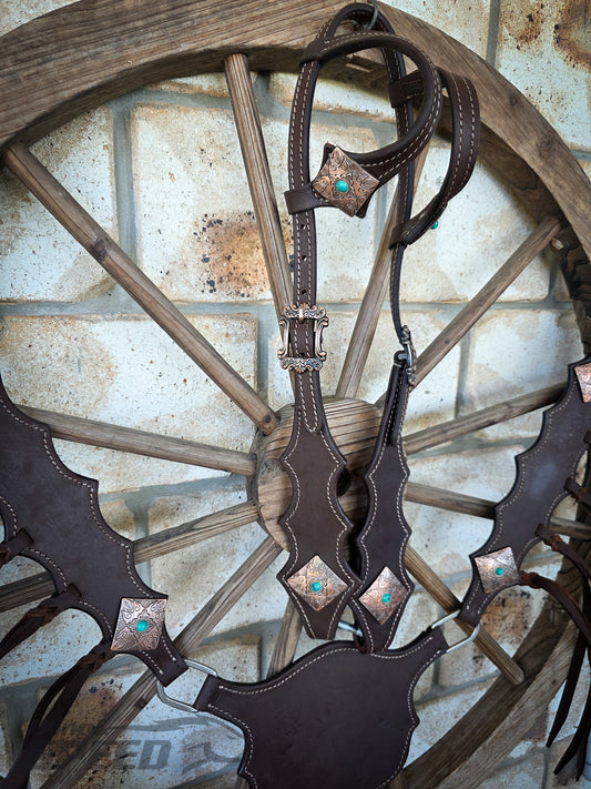 Chocolate Leather Western Tack Set - 2 Ear Headstall