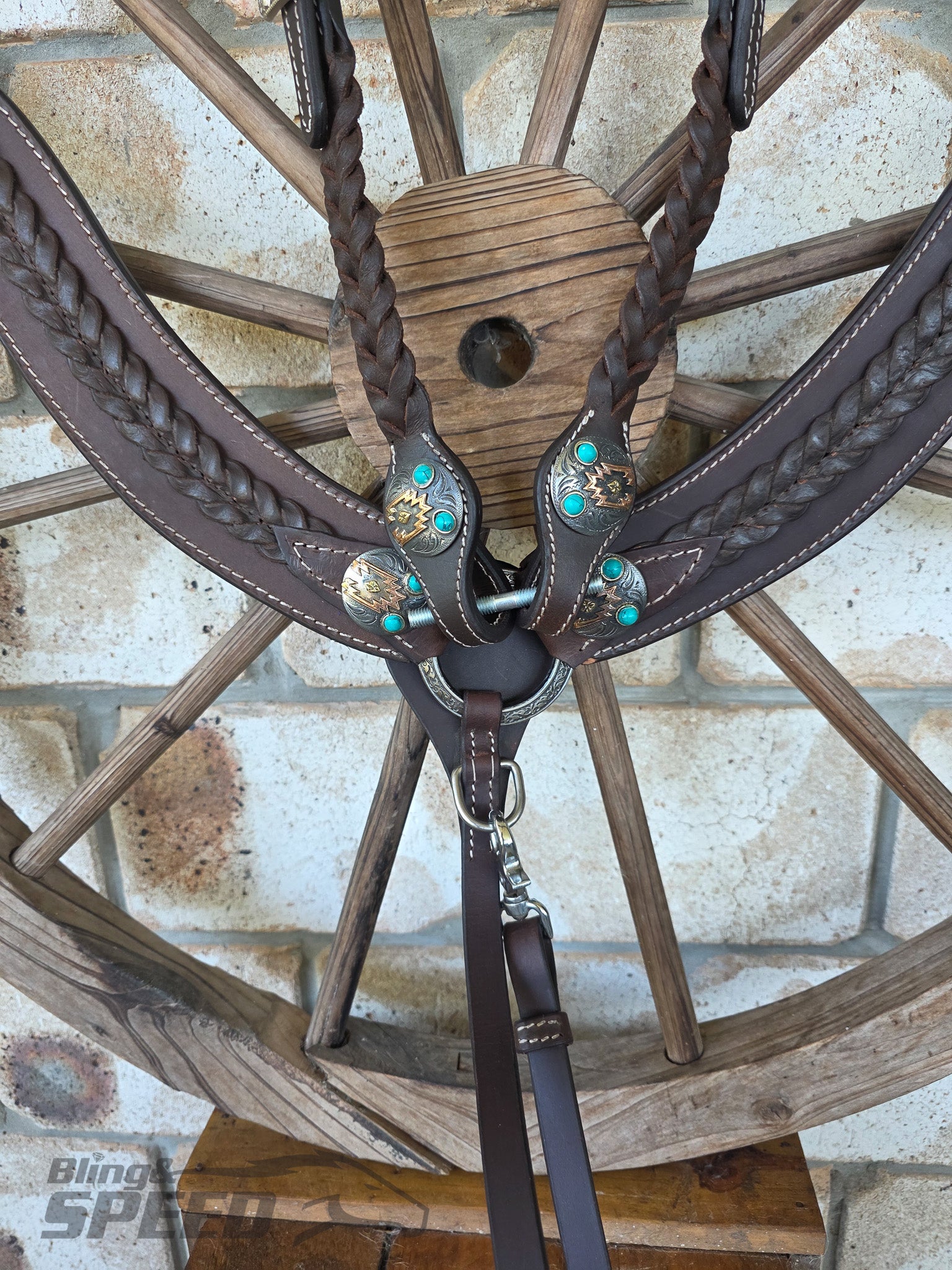 Braided Chocolate Leather Breast Collar & Headstall Set – Turquoise Stone Conchos