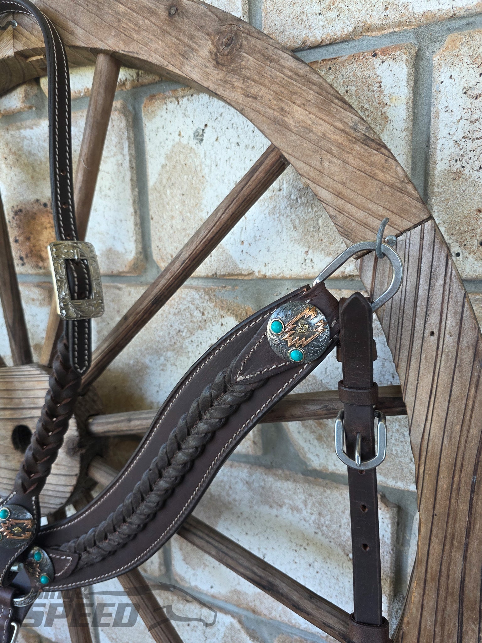 Braided Chocolate Leather Breast Collar & Headstall Set – Turquoise Stone Conchos