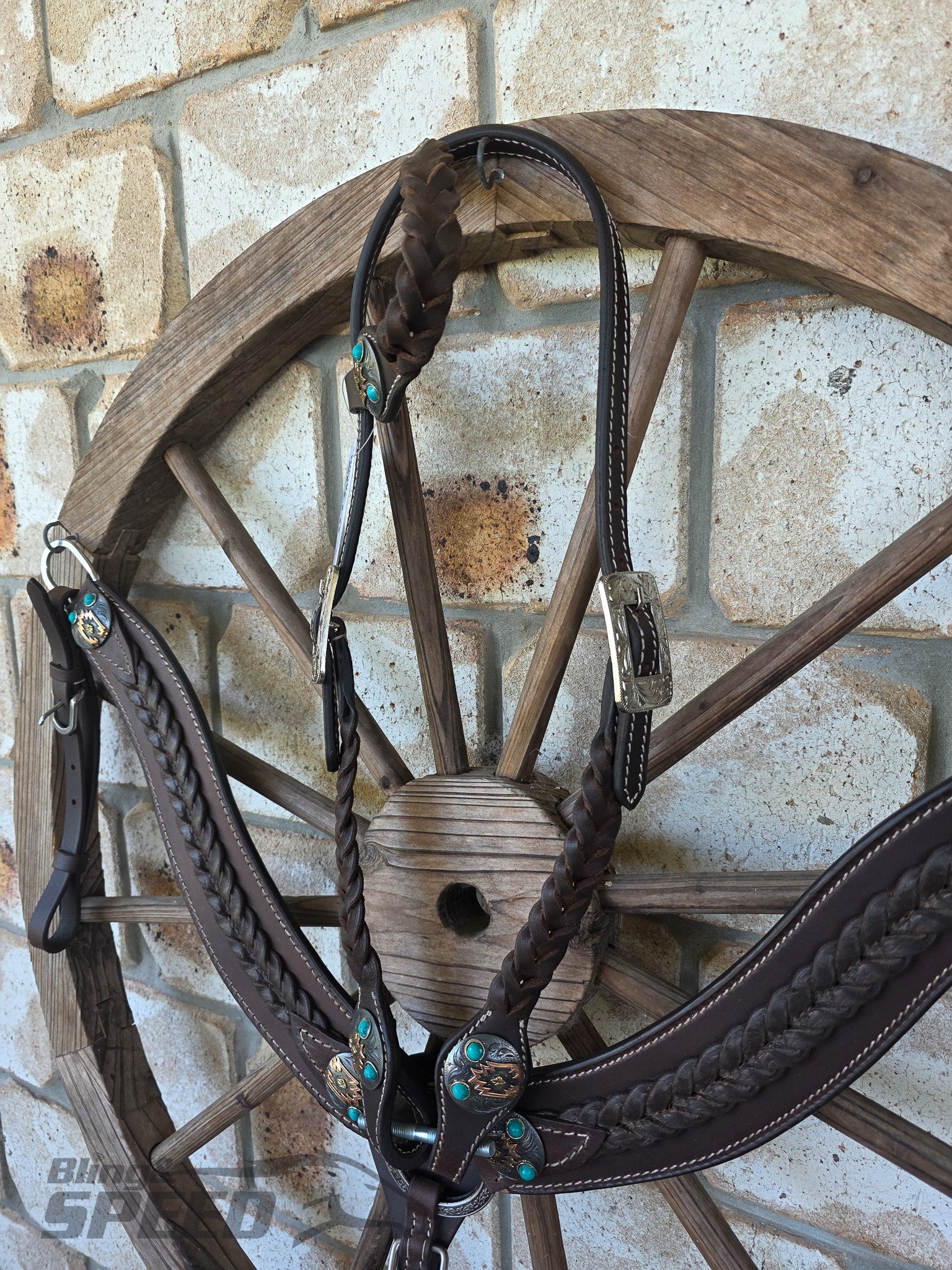 Braided Chocolate Leather Breast Collar & Headstall Set – Turquoise Stone Conchos