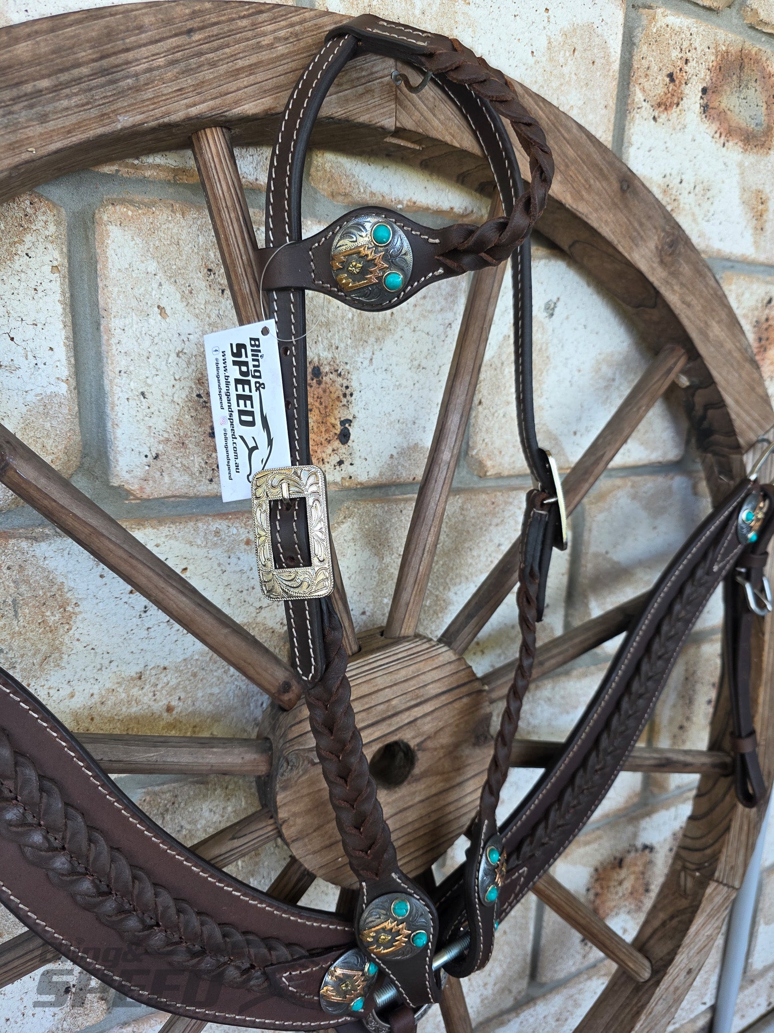 Braided Chocolate Leather Breast Collar & Headstall Set – Turquoise Stone Conchos
