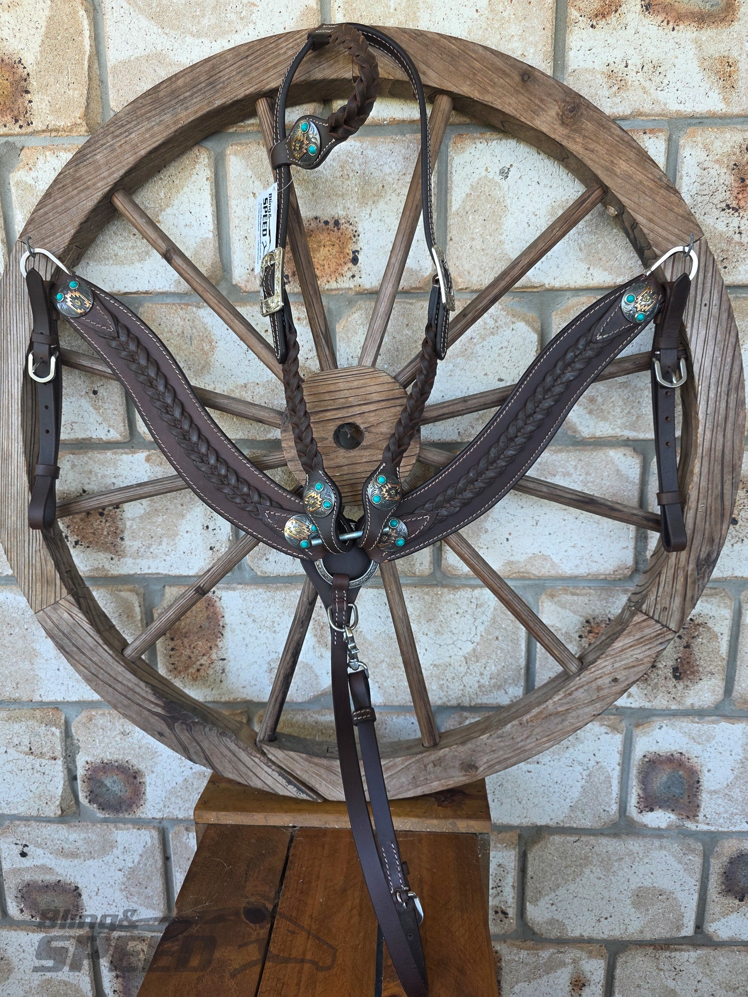 Braided Chocolate Leather Breast Collar & Headstall Set – Turquoise Stone Conchos