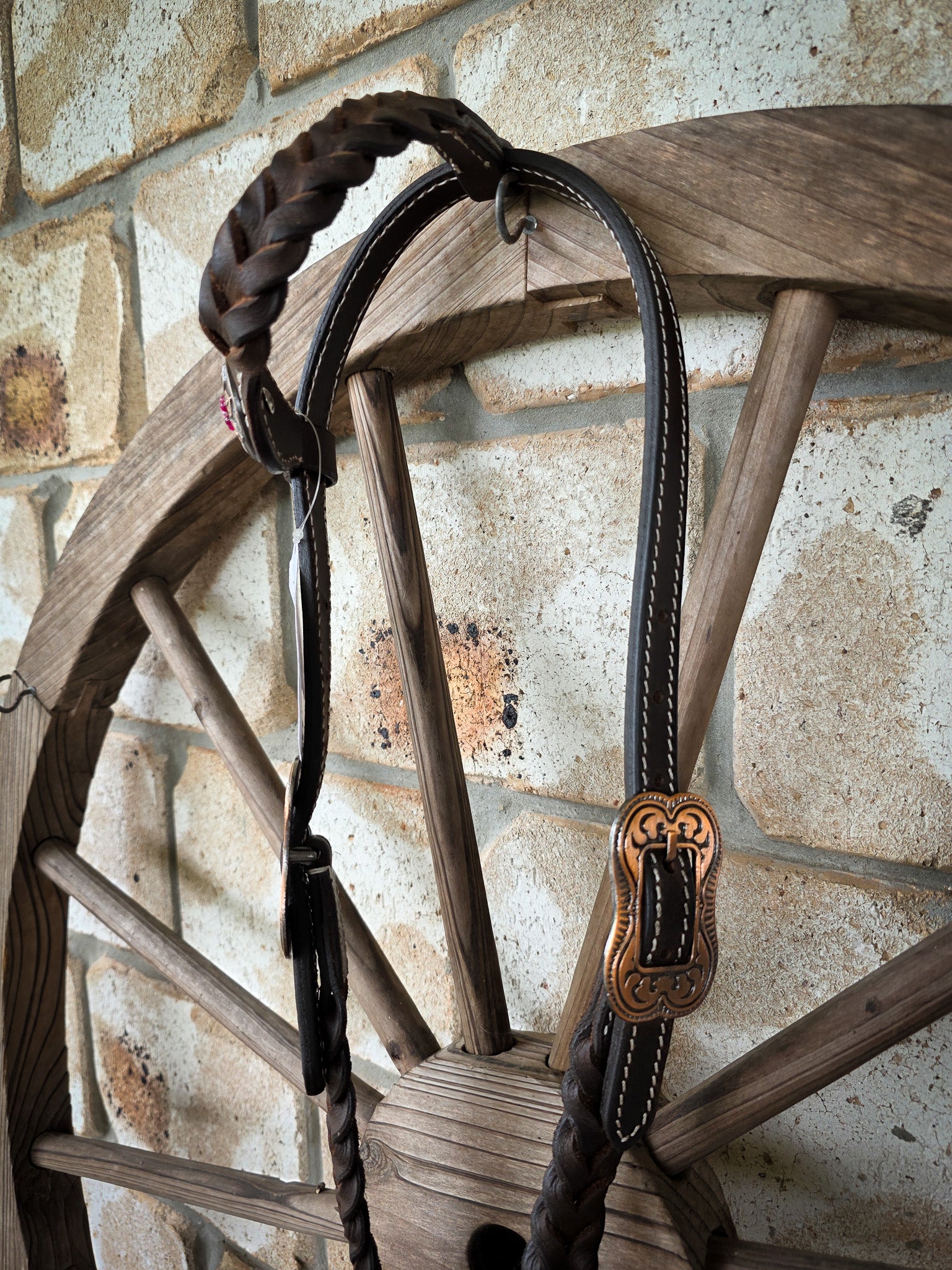 One Ear Plait Bridle with Pink Flower Concho