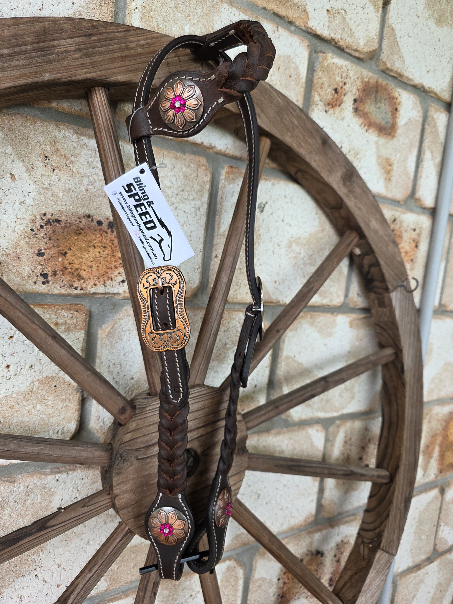 One Ear Plait Bridle with Pink Flower Concho