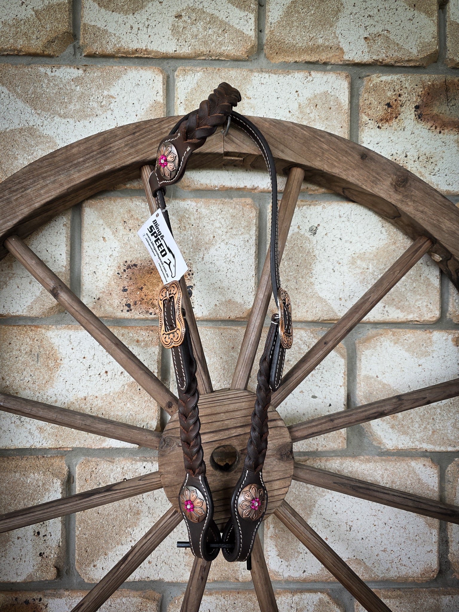 One Ear Plait Bridle with Pink Flower Concho
