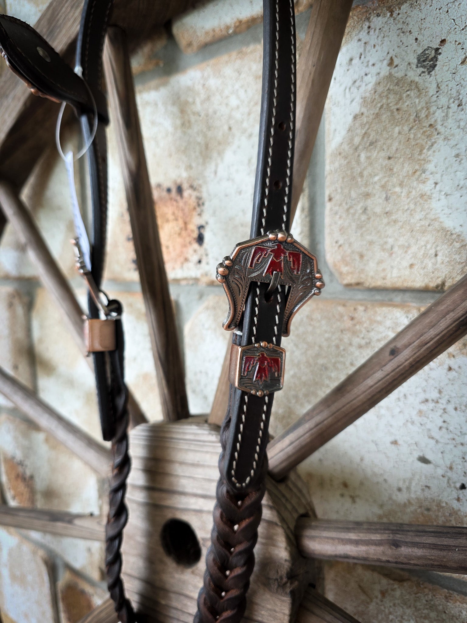 One Ear Plait Bridle with Red Thunderbird Concho