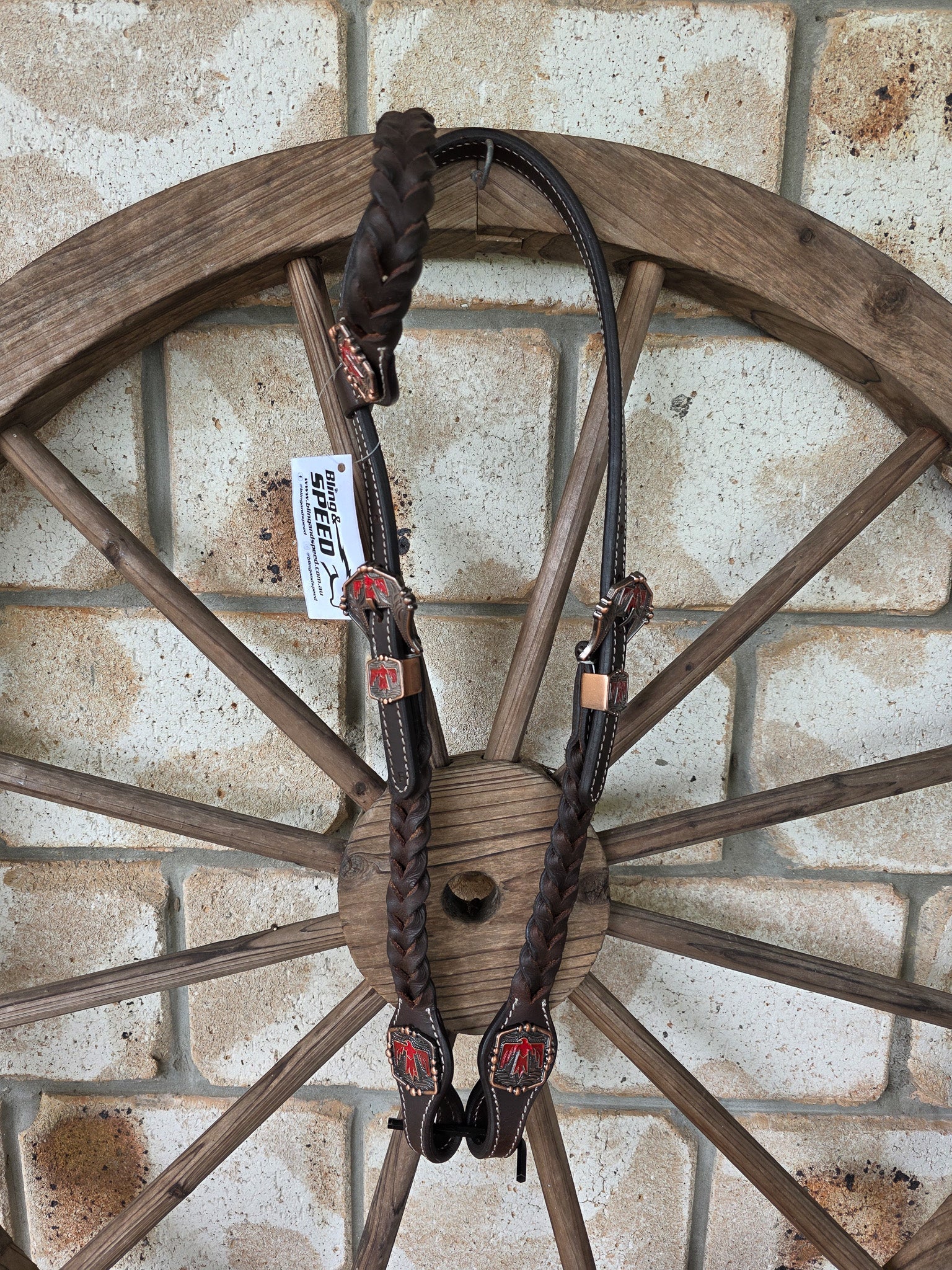 One Ear Plait Bridle with Red Thunderbird Concho