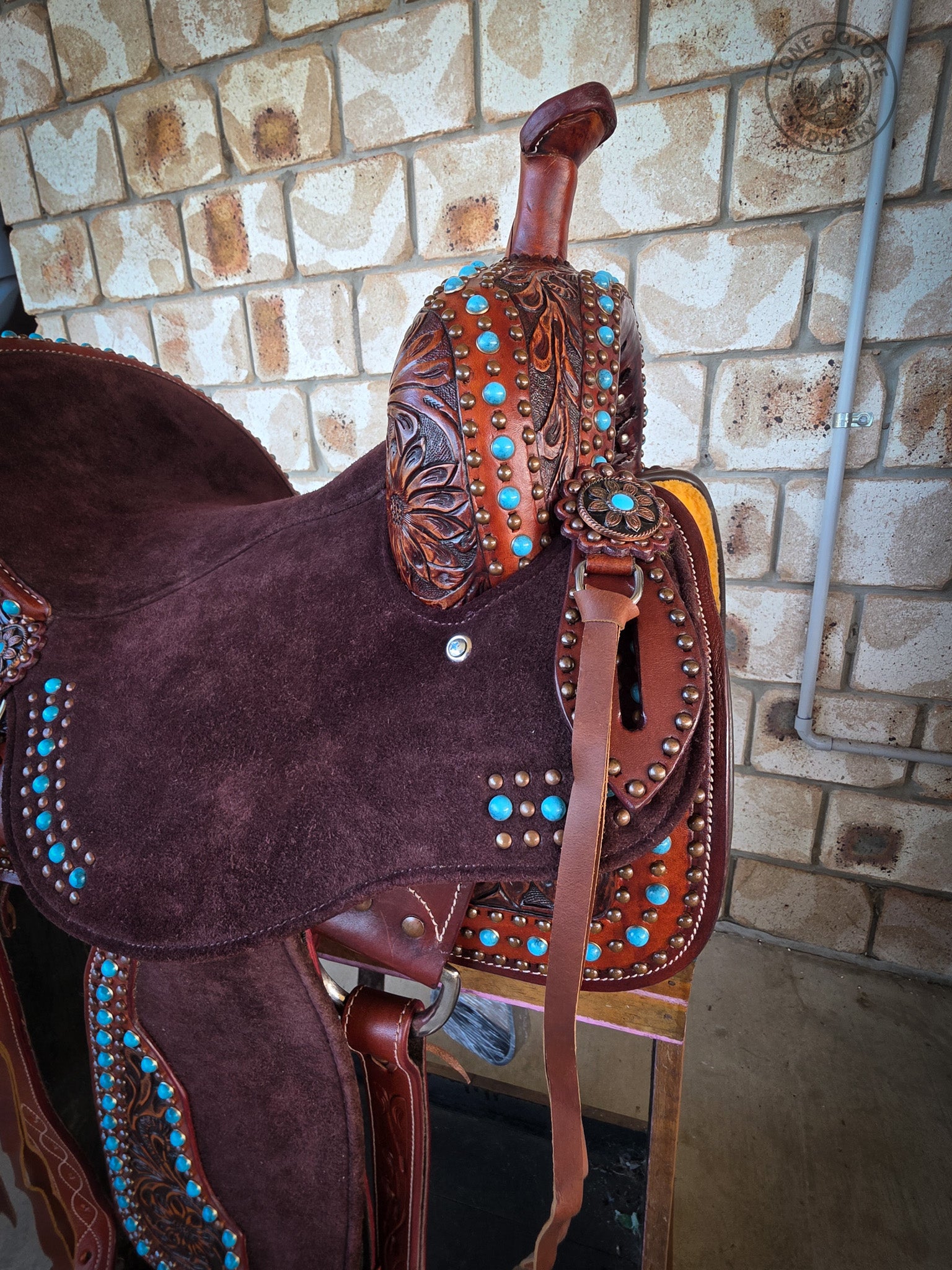 Lone Coyote Turquoise Floral Barrel Saddle – 13.5"