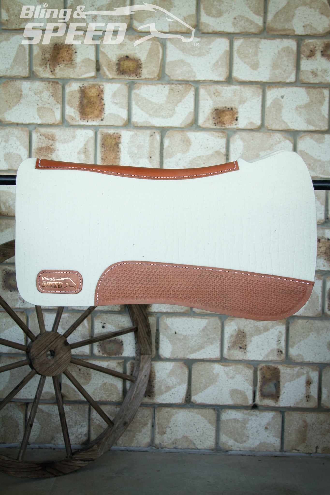 Full Wither Relief Merino Wool Felt Saddle Pad - Cream with Basket Weave Tooling