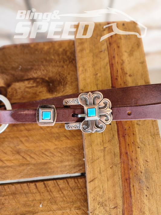 Leather Breast Collar with Sunflower Tooling and Turquoise Buckles (8065649410286)