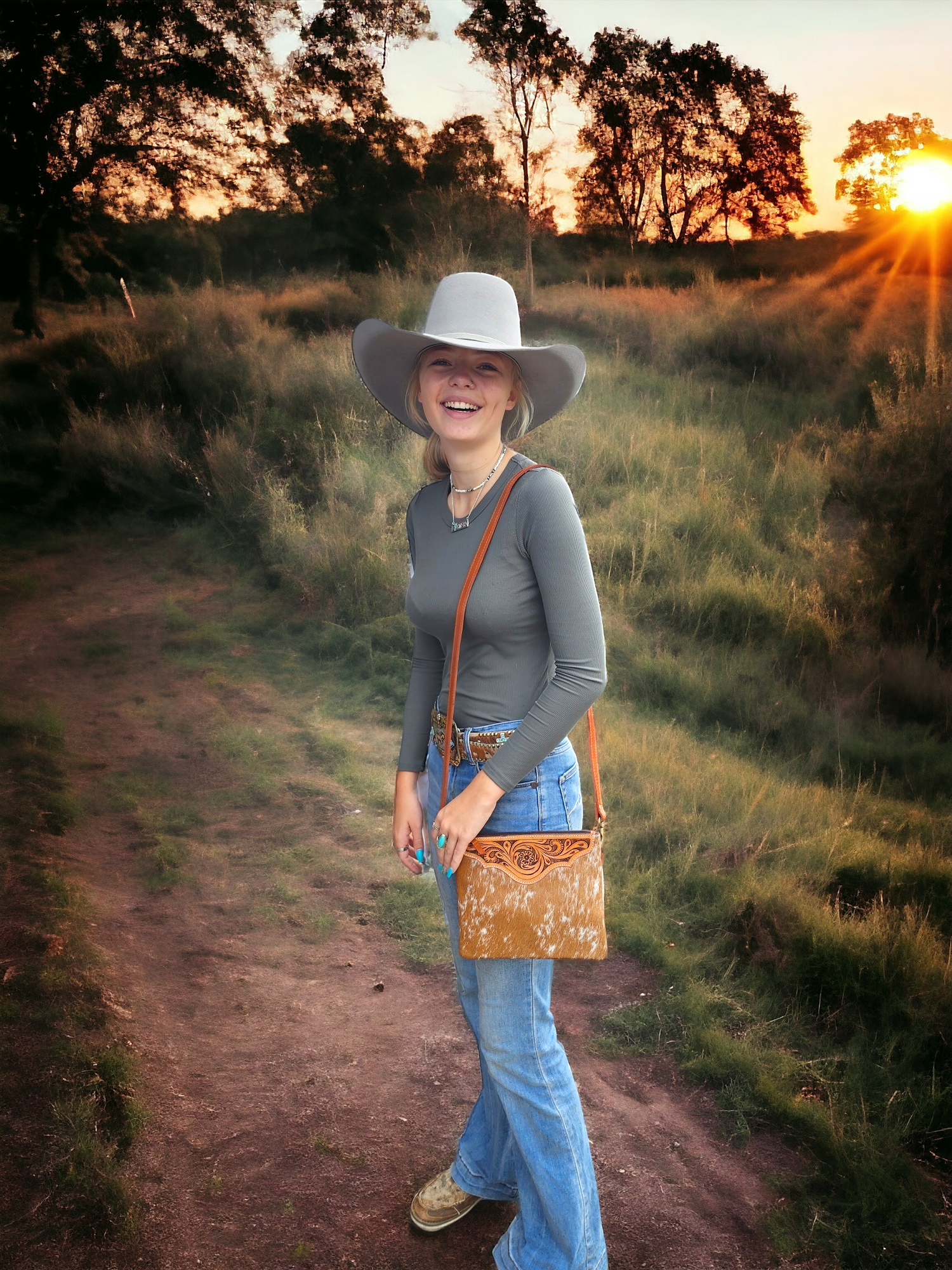 Leather and Cowhide Crossbody Bag - Tan