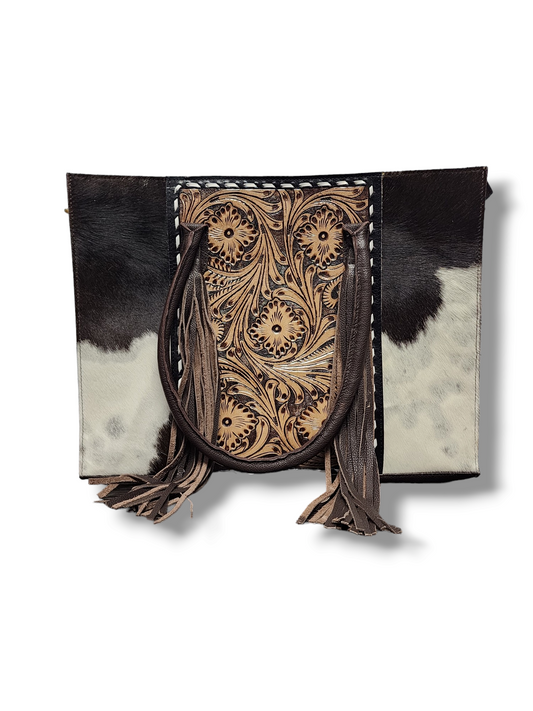 Cowhide with Leather Tooling Shoulder Bag