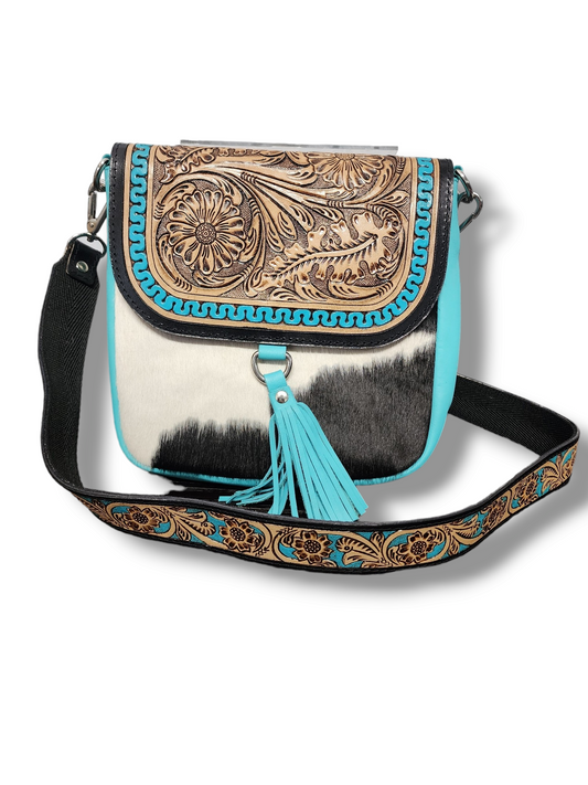 Cowhide and Turquoise Bag with Tooling