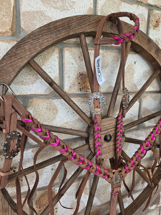 Metallic Pink Plait Breastcollar and Bridle Set