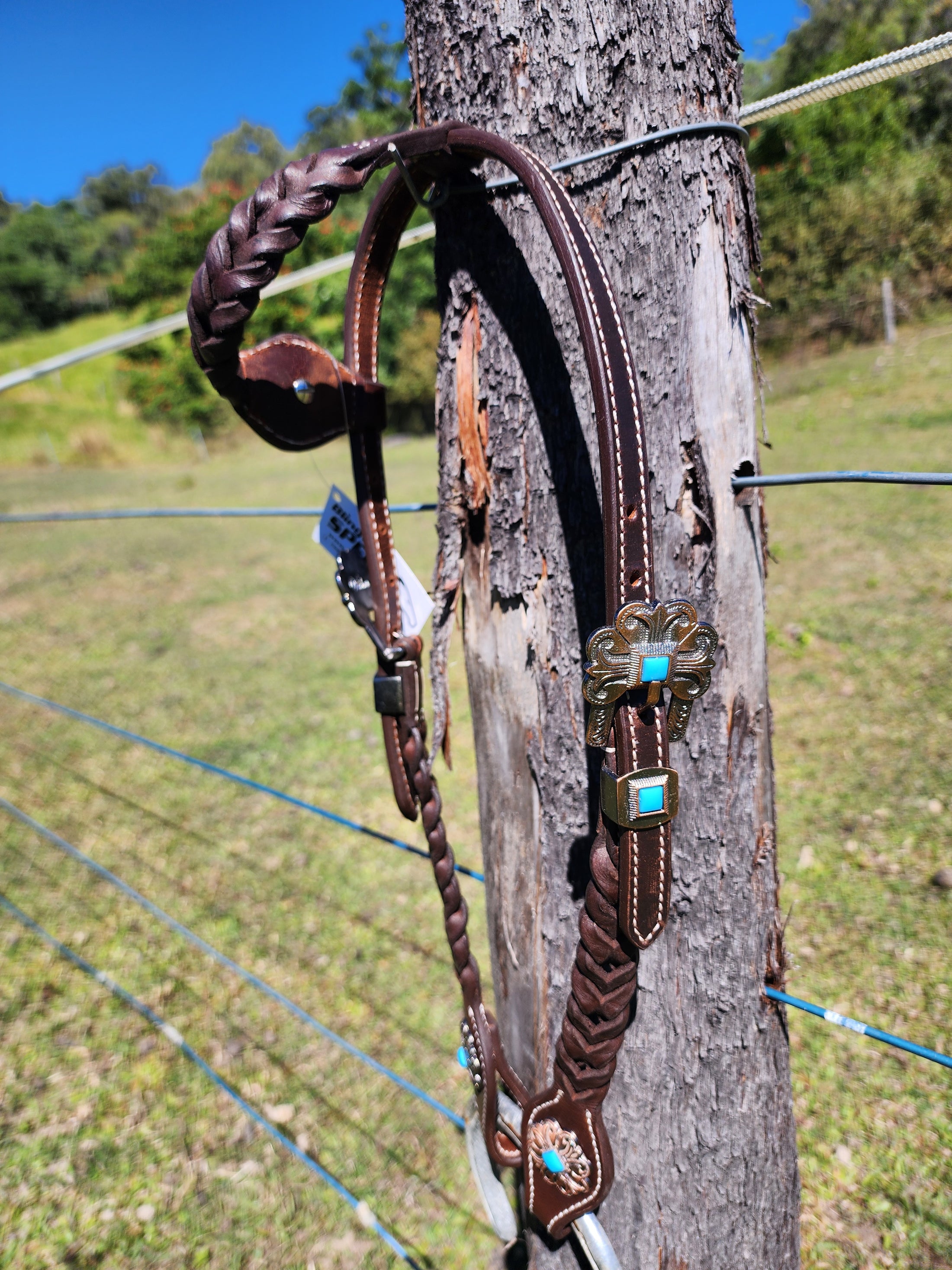 One Ear Plait Bridle with Turquoise Conchos