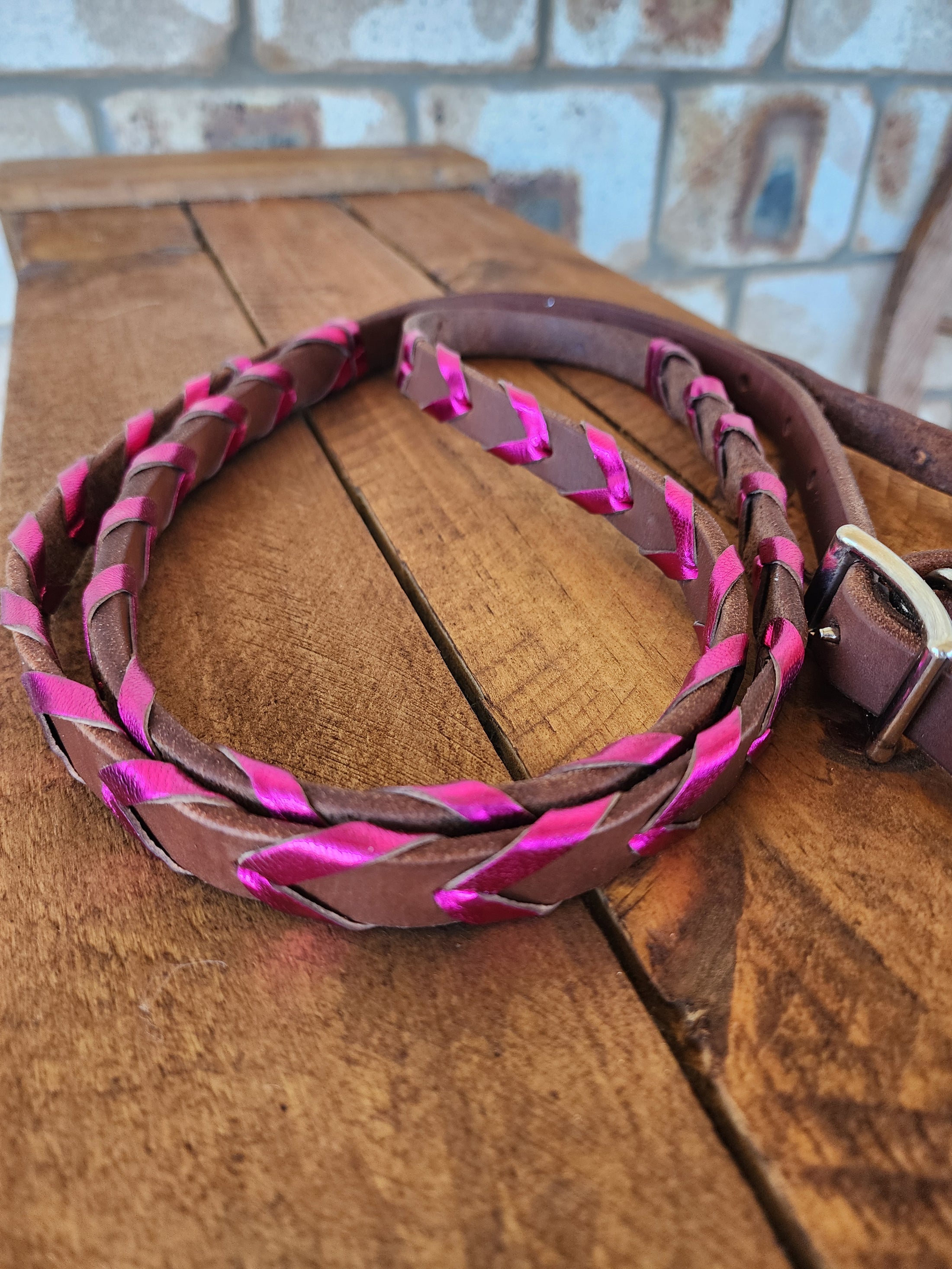 Laced Barrel Reins - Metallic Pink