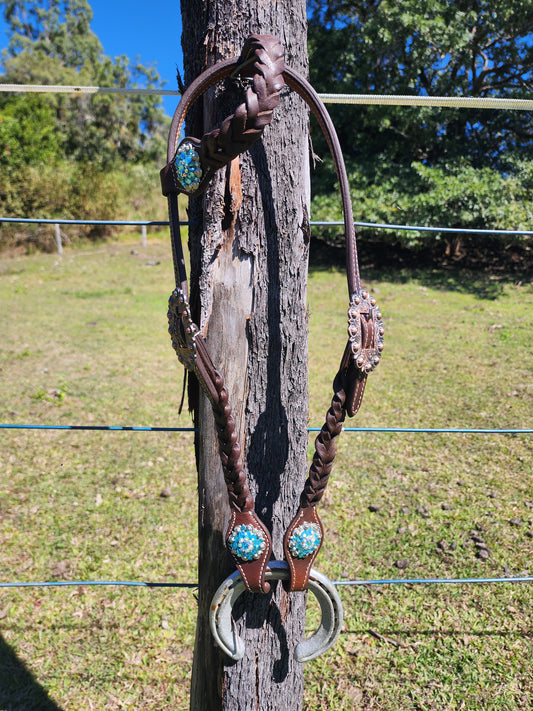 One Ear Plait Bridle with Blue Conchos