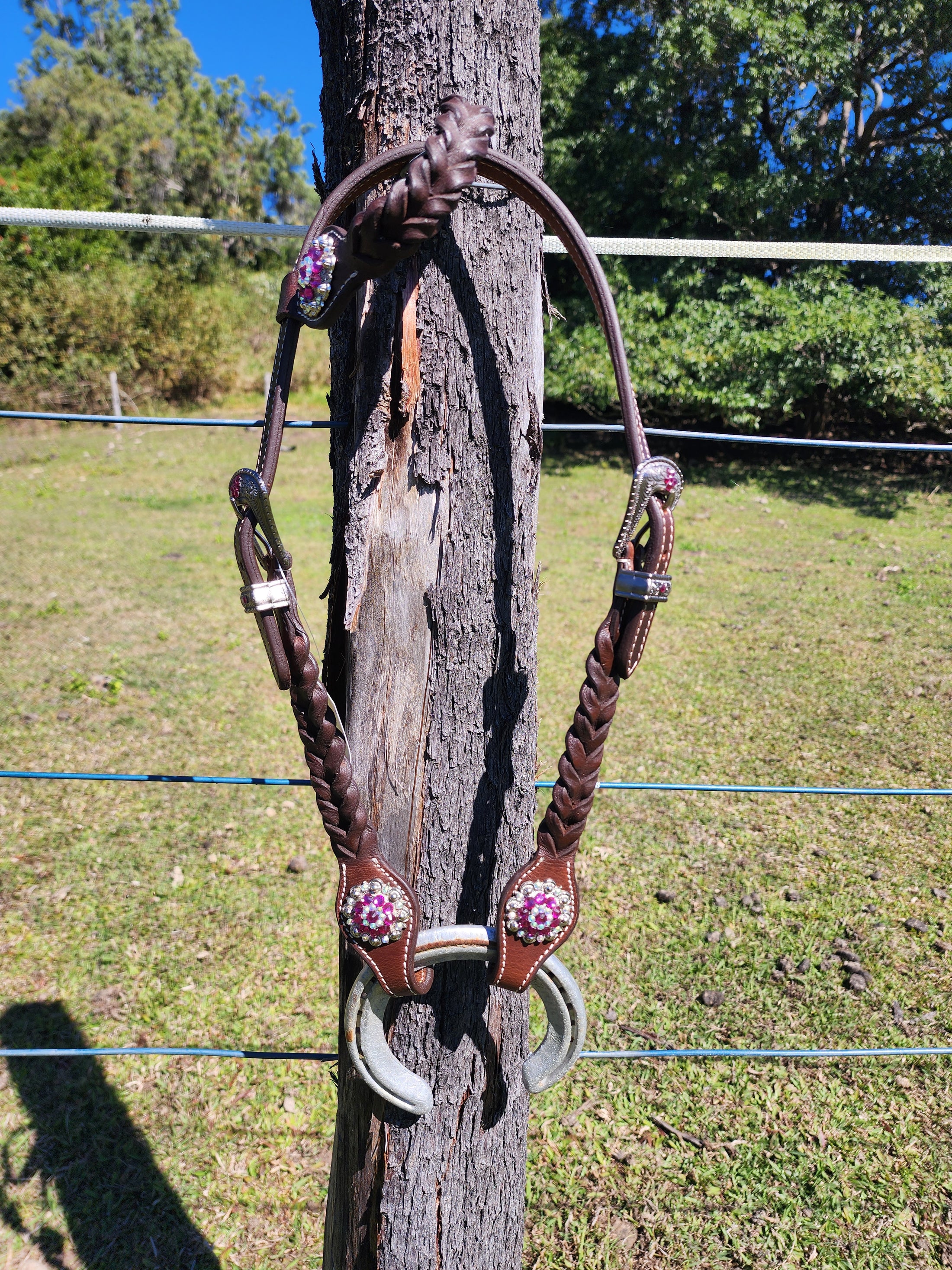 One Ear Plait Bridle with Pink Conchos