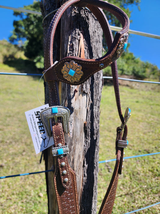 One Ear Plait Bridle with Tooling - Flower