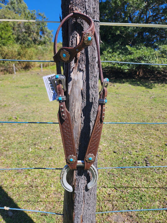 One Ear Plait Bridle with Tooling - Flower