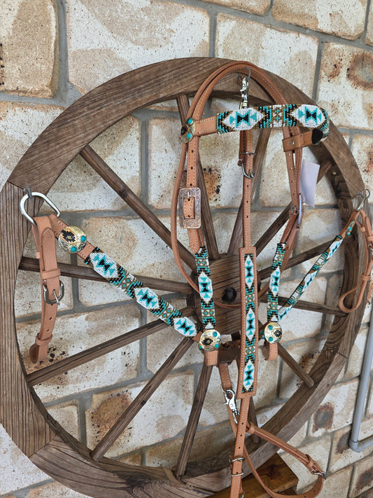 Beaded Aztec Gold Breastcollar, Bridle and Wither strap Set