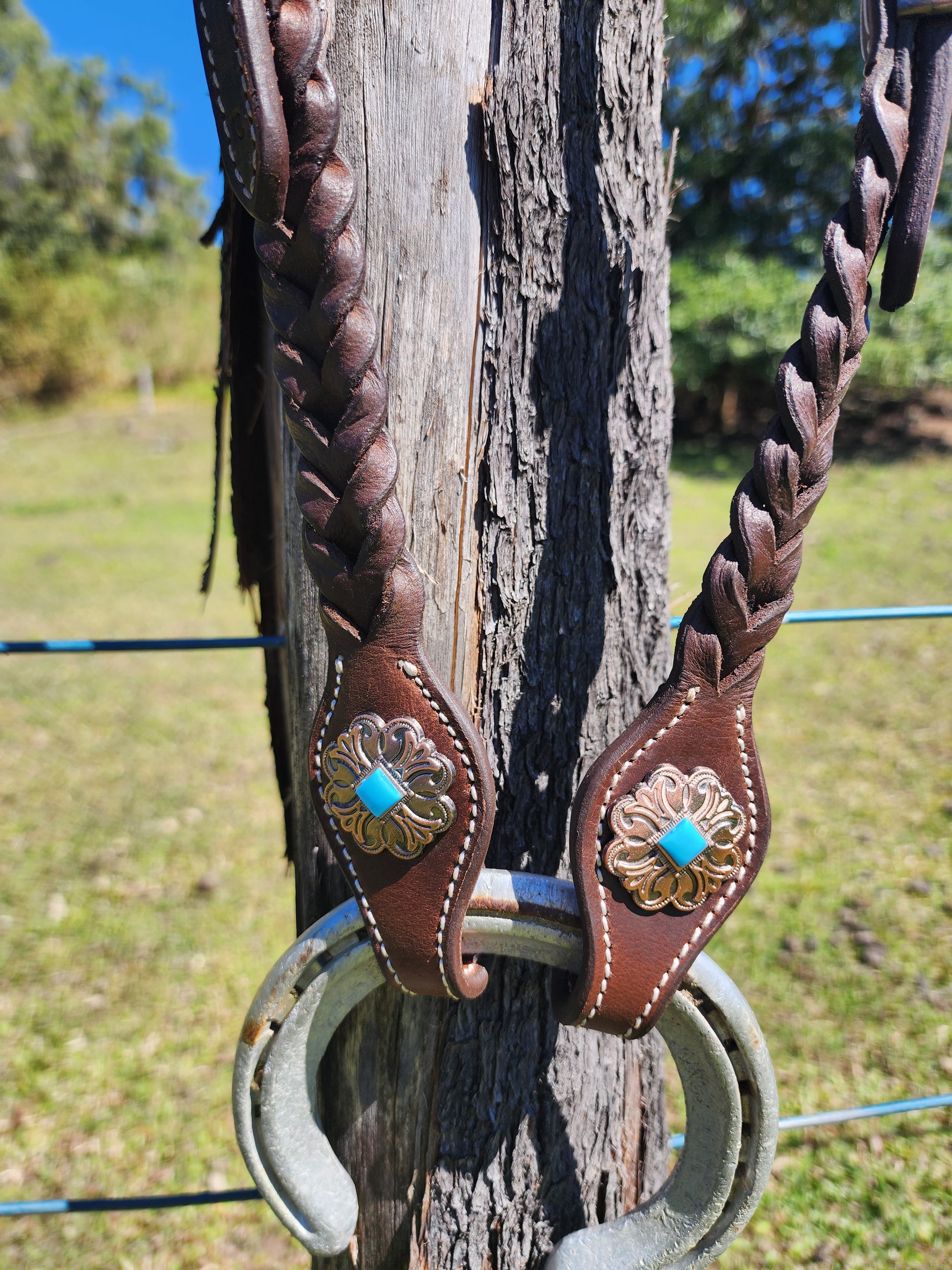 One Ear Plait Bridle with Turquoise Conchos