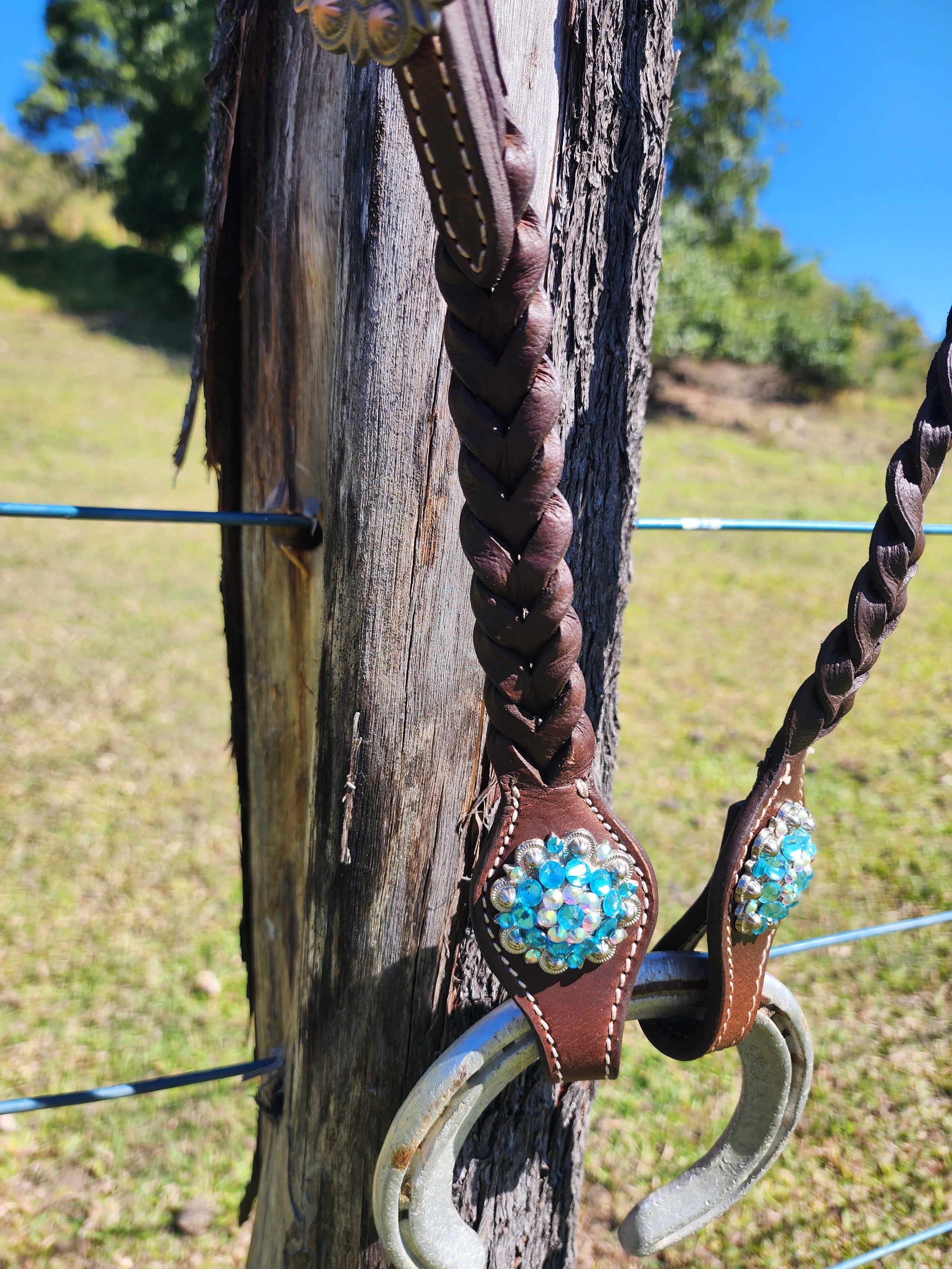 One Ear Plait Bridle with Blue Conchos