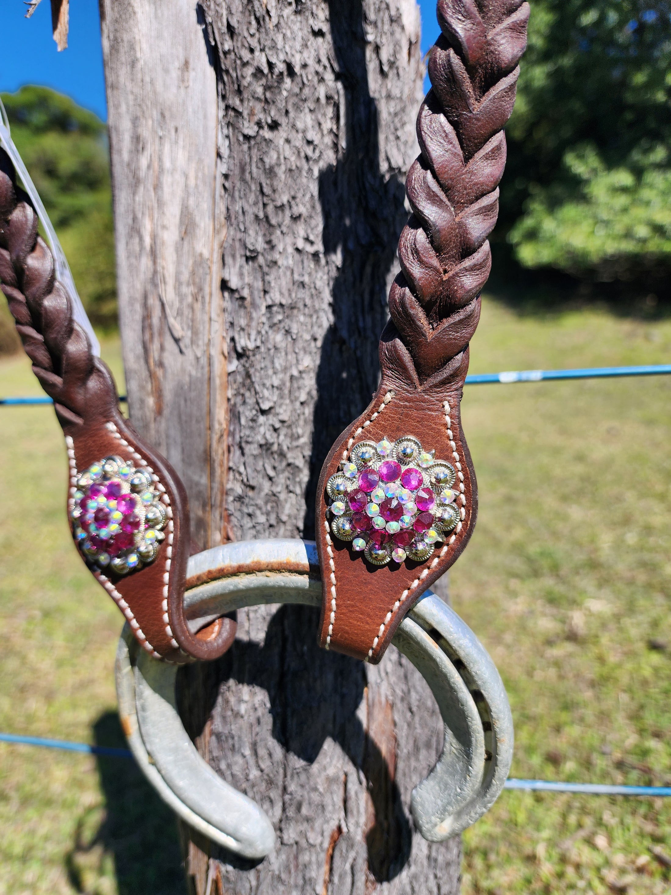 One Ear Plait Bridle with Pink Conchos