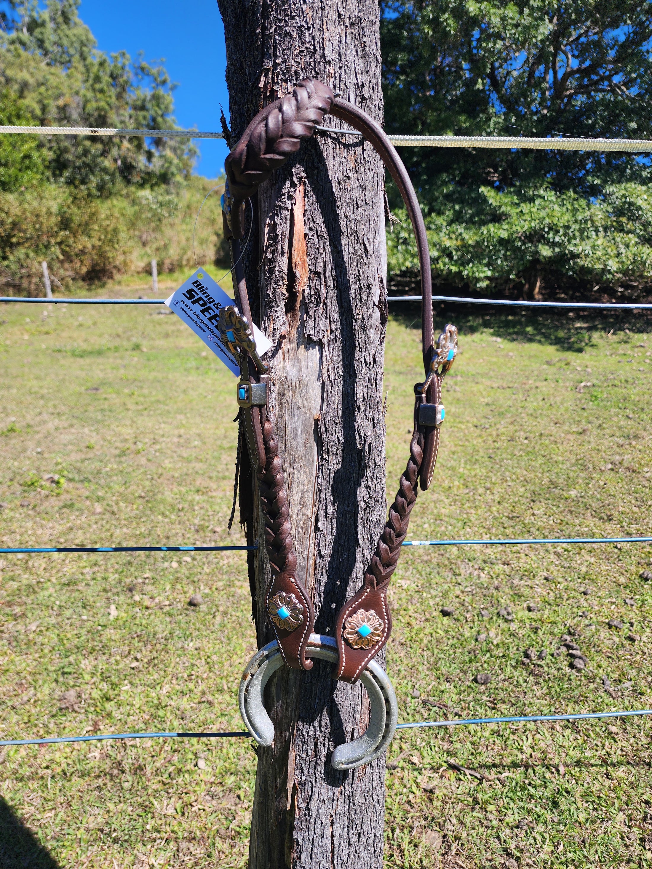 One Ear Plait Bridle with Turquoise Conchos