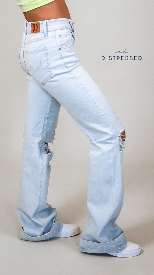 Light Wash Distressed Signature Trouser Denim