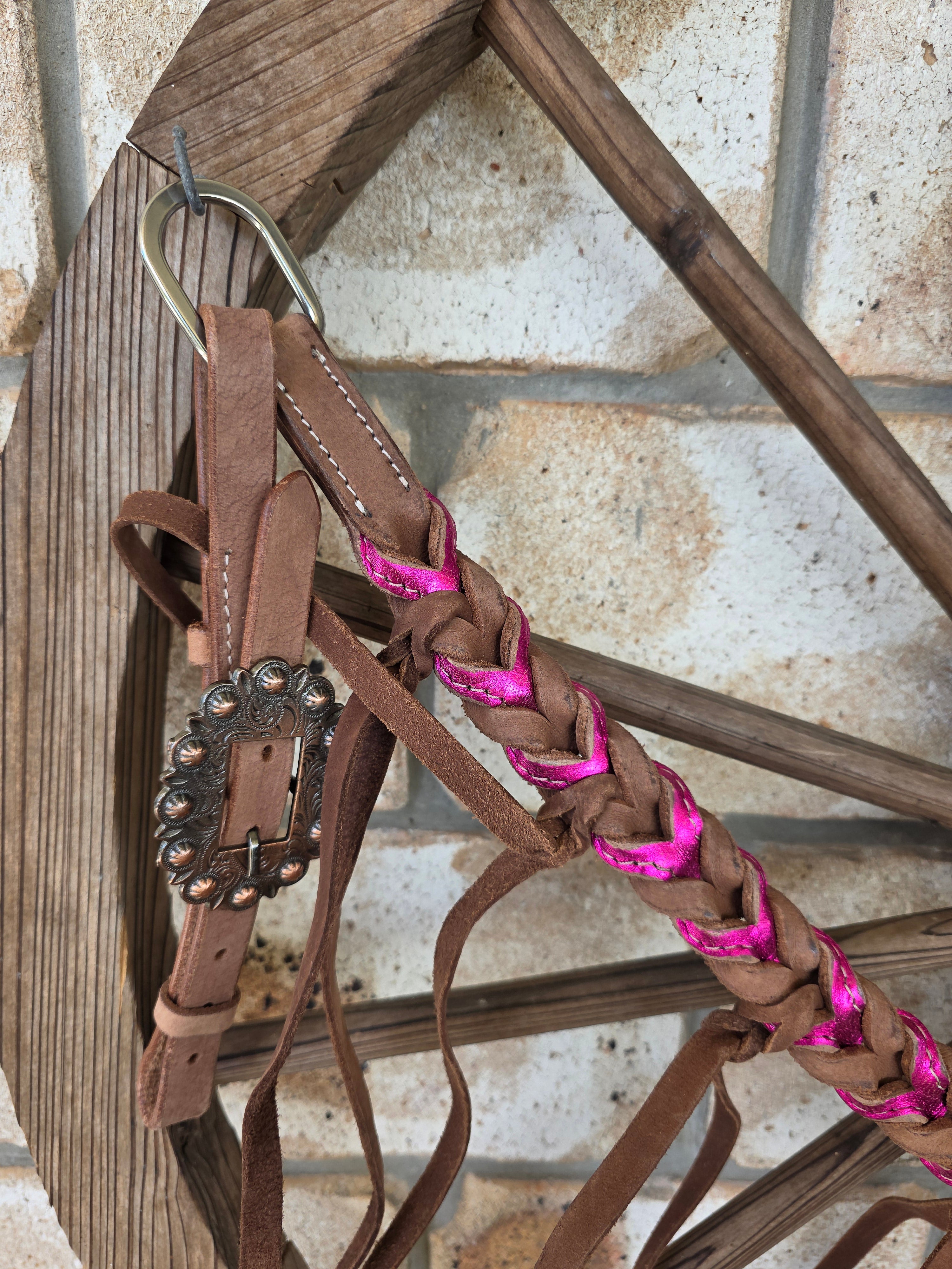 Metallic Pink Plait Breastcollar and Bridle Set