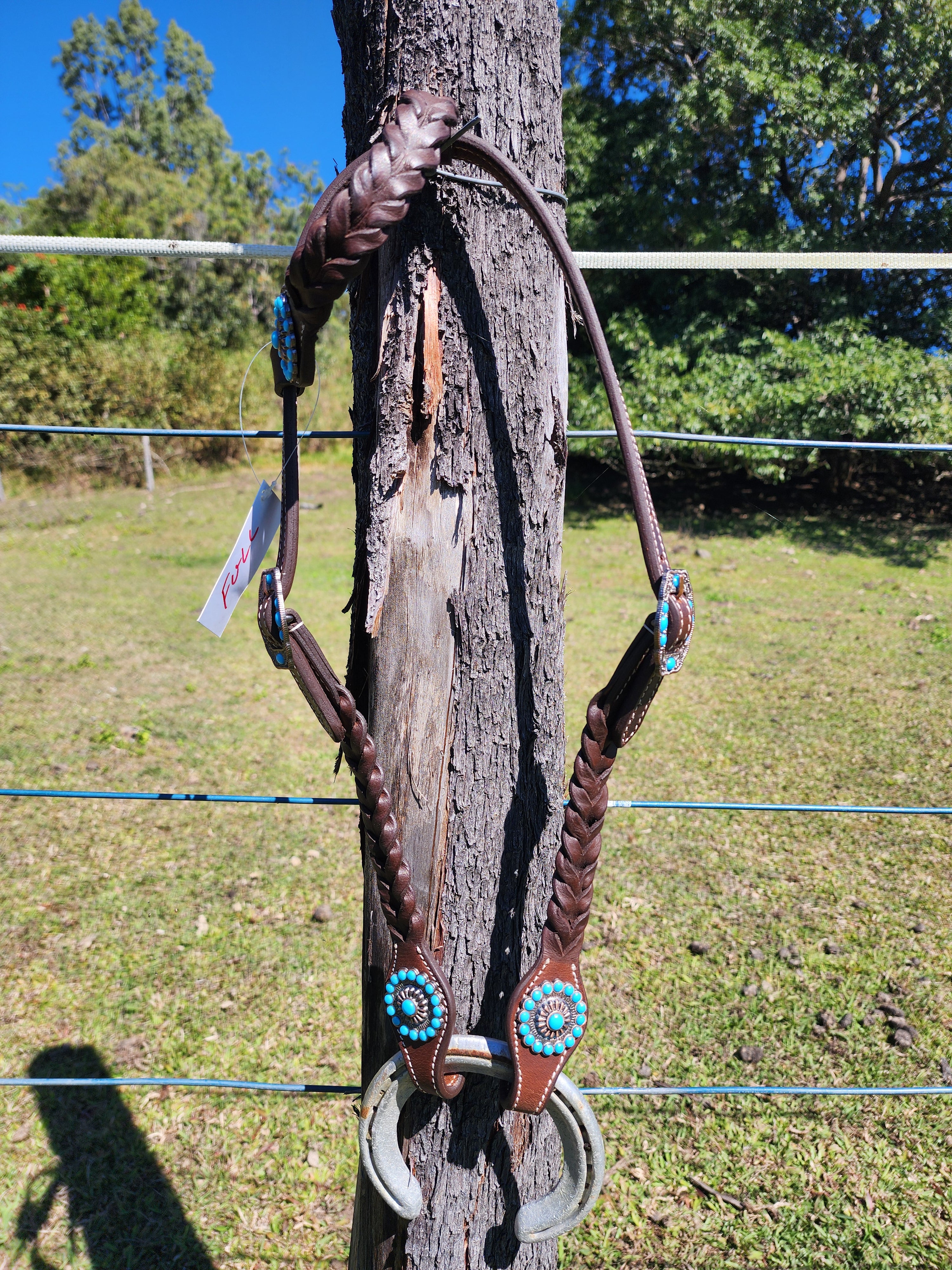 One Ear Plait Bridle with Turquoise Berry Concho