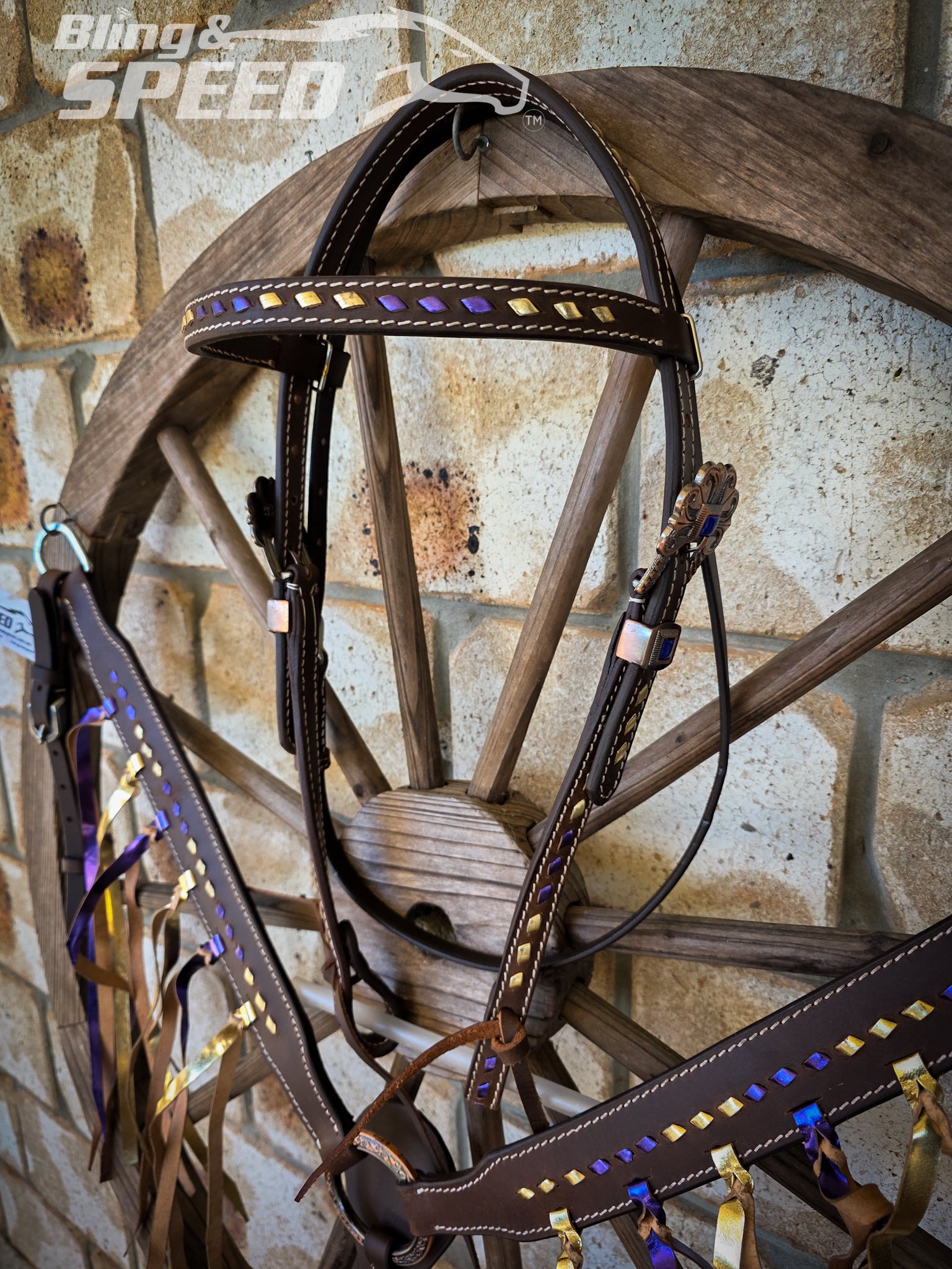 Purple & Gold Fringe Buckstitched Tack Set