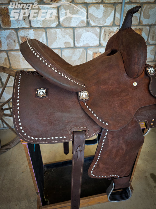 Chocolate Roughout Leather Barrel Saddle - 14" Seat, FQHB, 7" Gullet