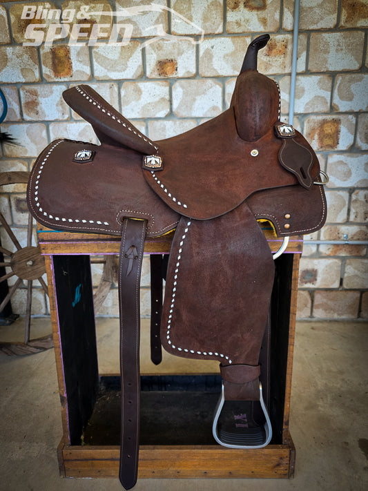 Chocolate Roughout Leather Barrel Saddle - 14" Seat, FQHB, 7" Gullet