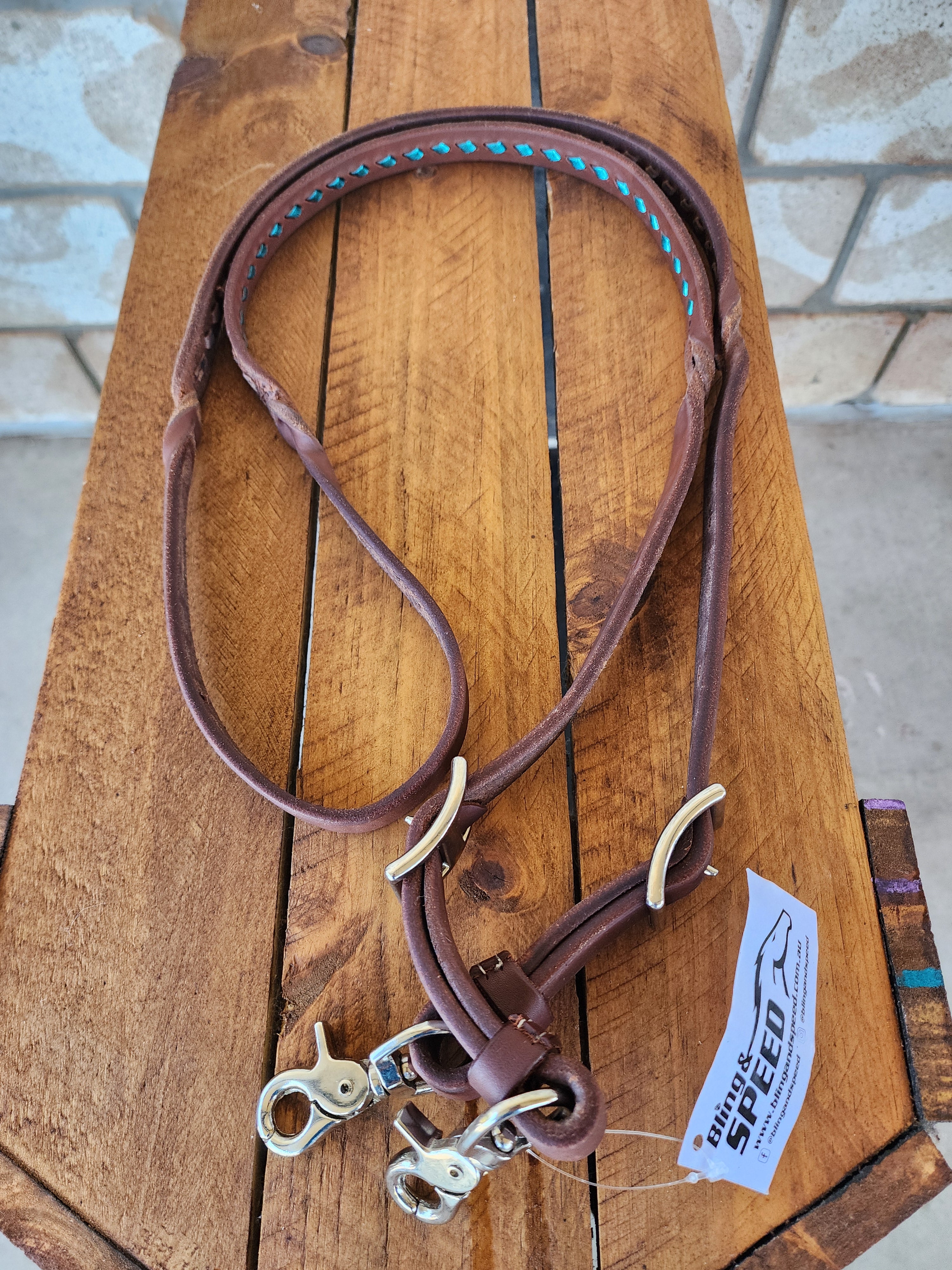 Bling & Speed Twisted Bloodknot Buckstitched Barrel Reins - Metallic Turquoise