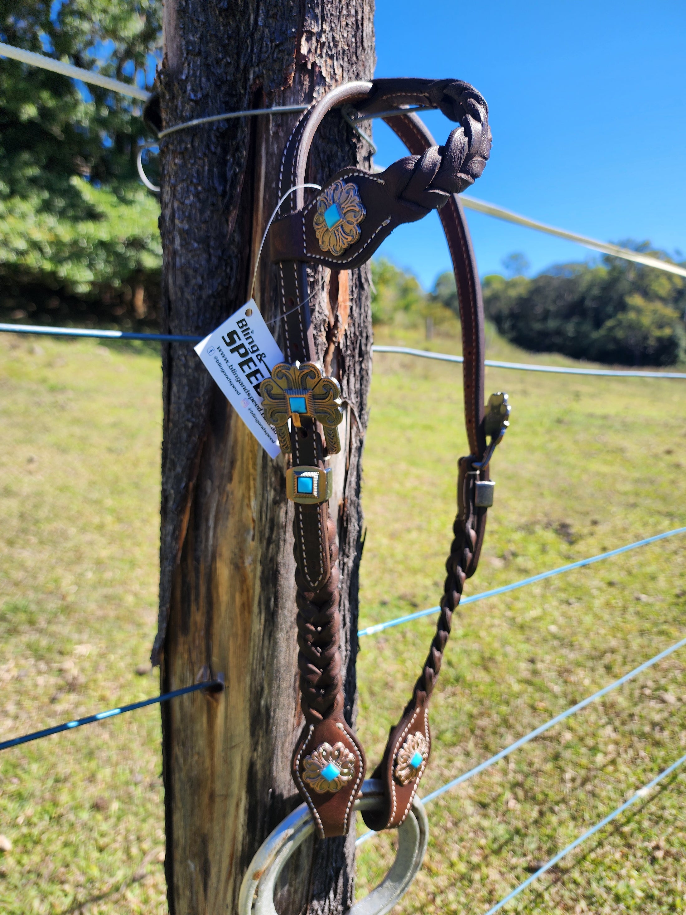 One Ear Plait Bridle with Turquoise Conchos