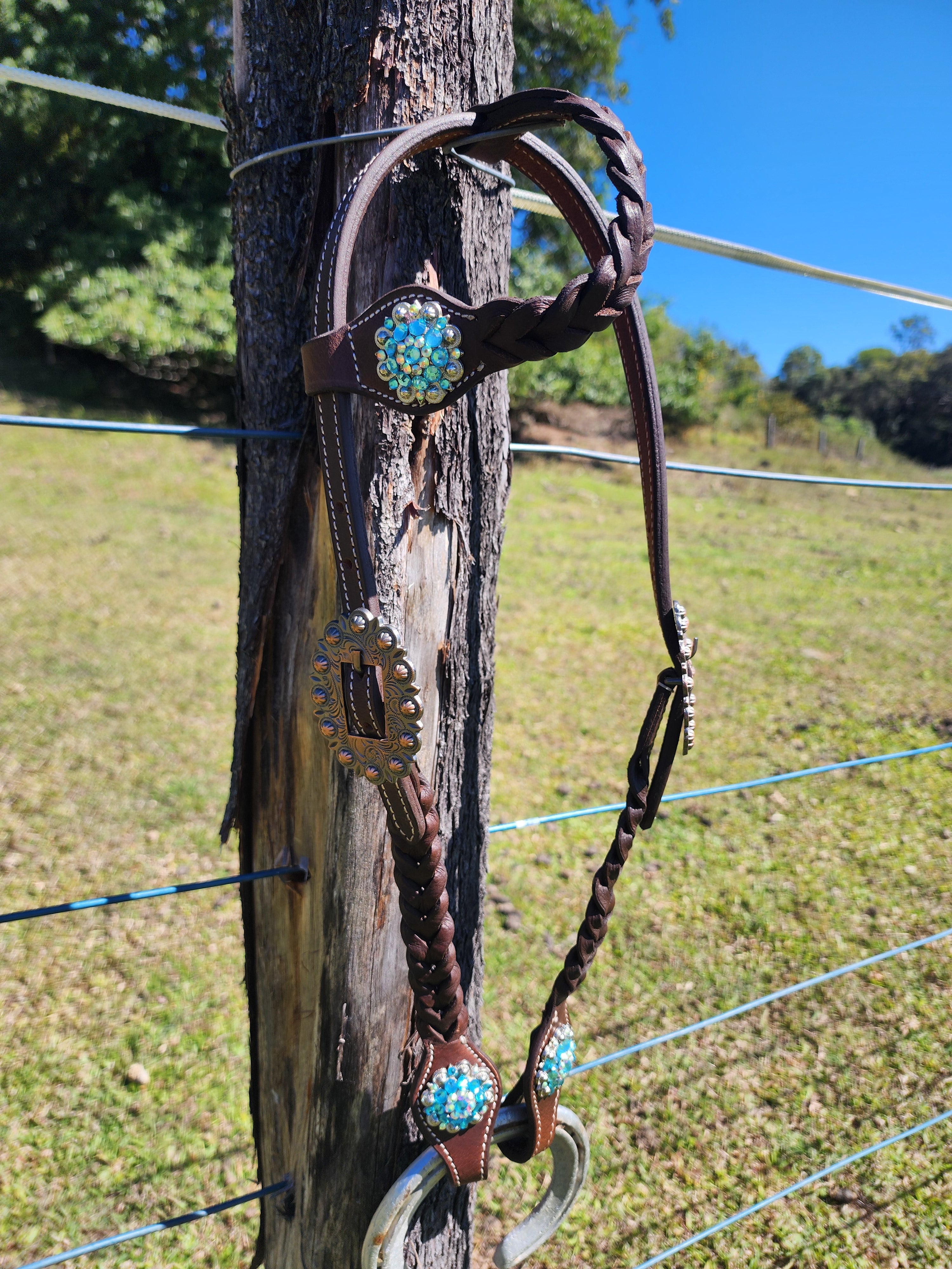 One Ear Plait Bridle with Blue Berry Conchos