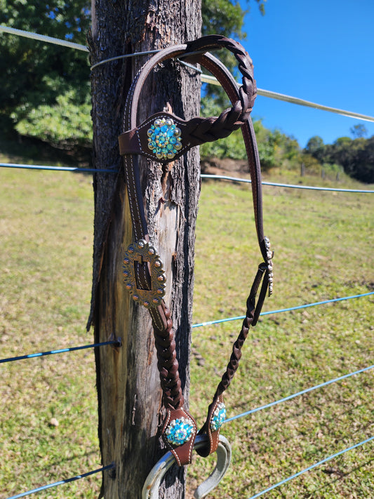 One Ear Plait Bridle with Blue Conchos