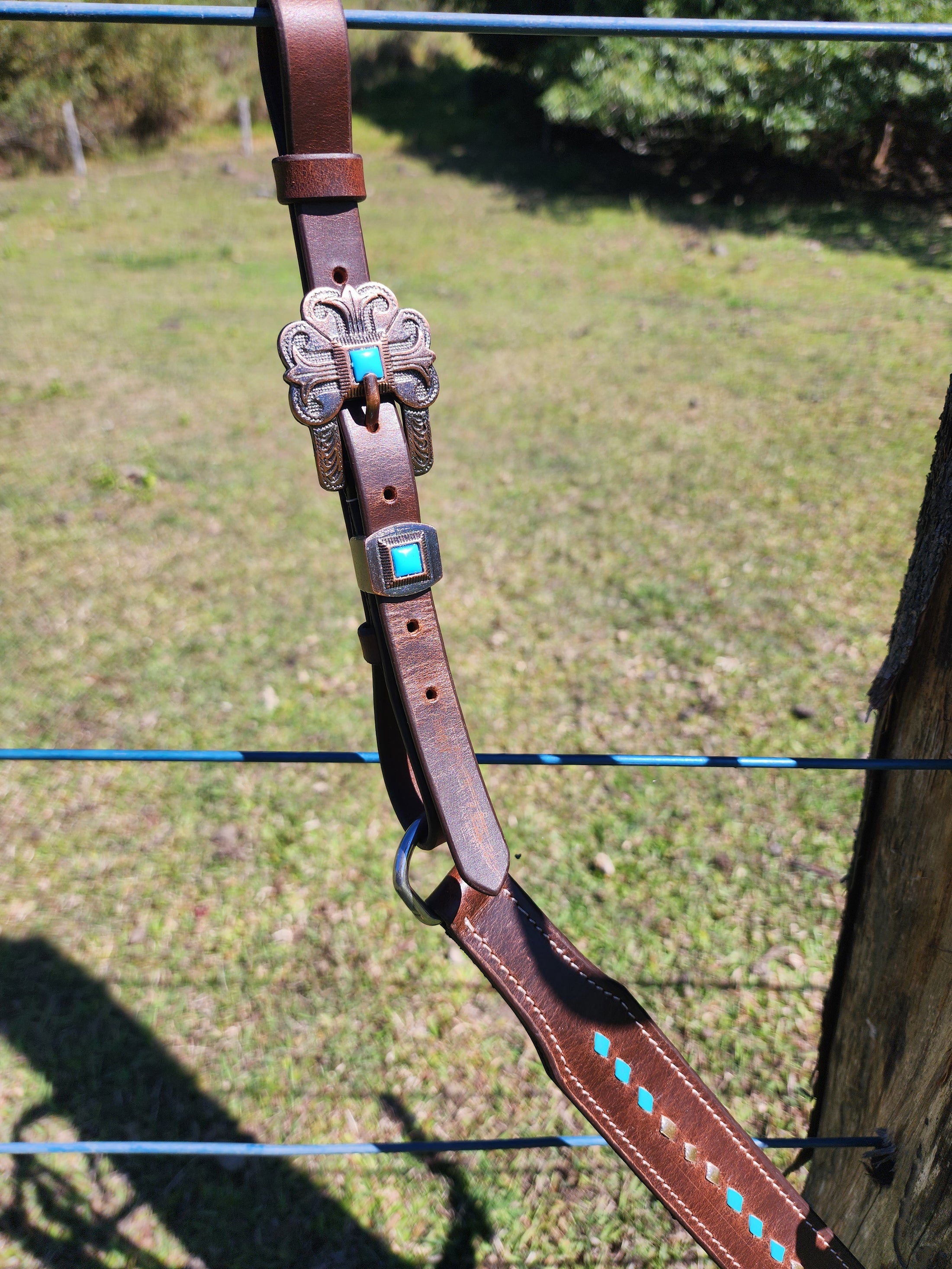 Harness Leather Bridle and Matching Breastcollar - Gold and Turquoise Buckstitching